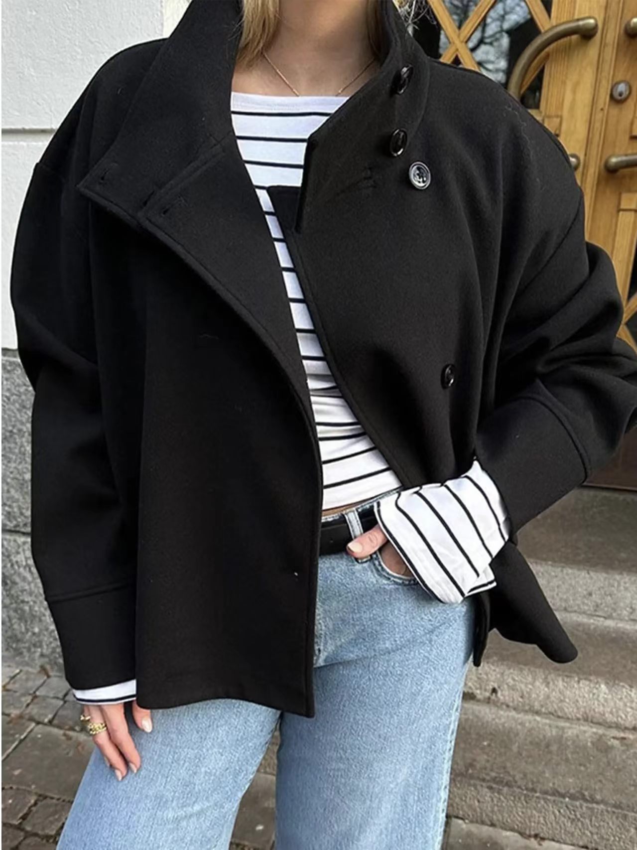 Women Short Stand Collar Wool Look Coat, Loose Asymmetric Button Down Fall Outerwear-Tactilefable