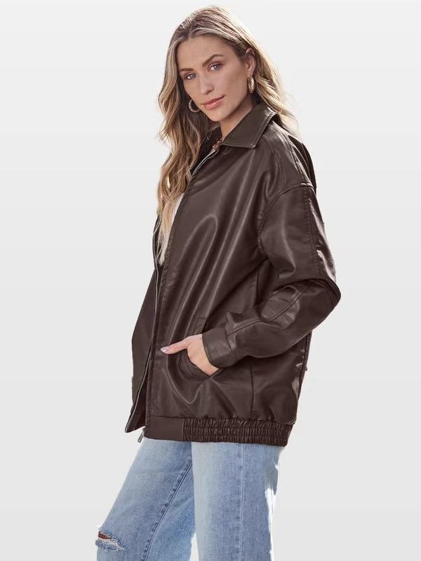 Women's Oversized Faux Leather Jacket for Fall and Winter-Tactilefable