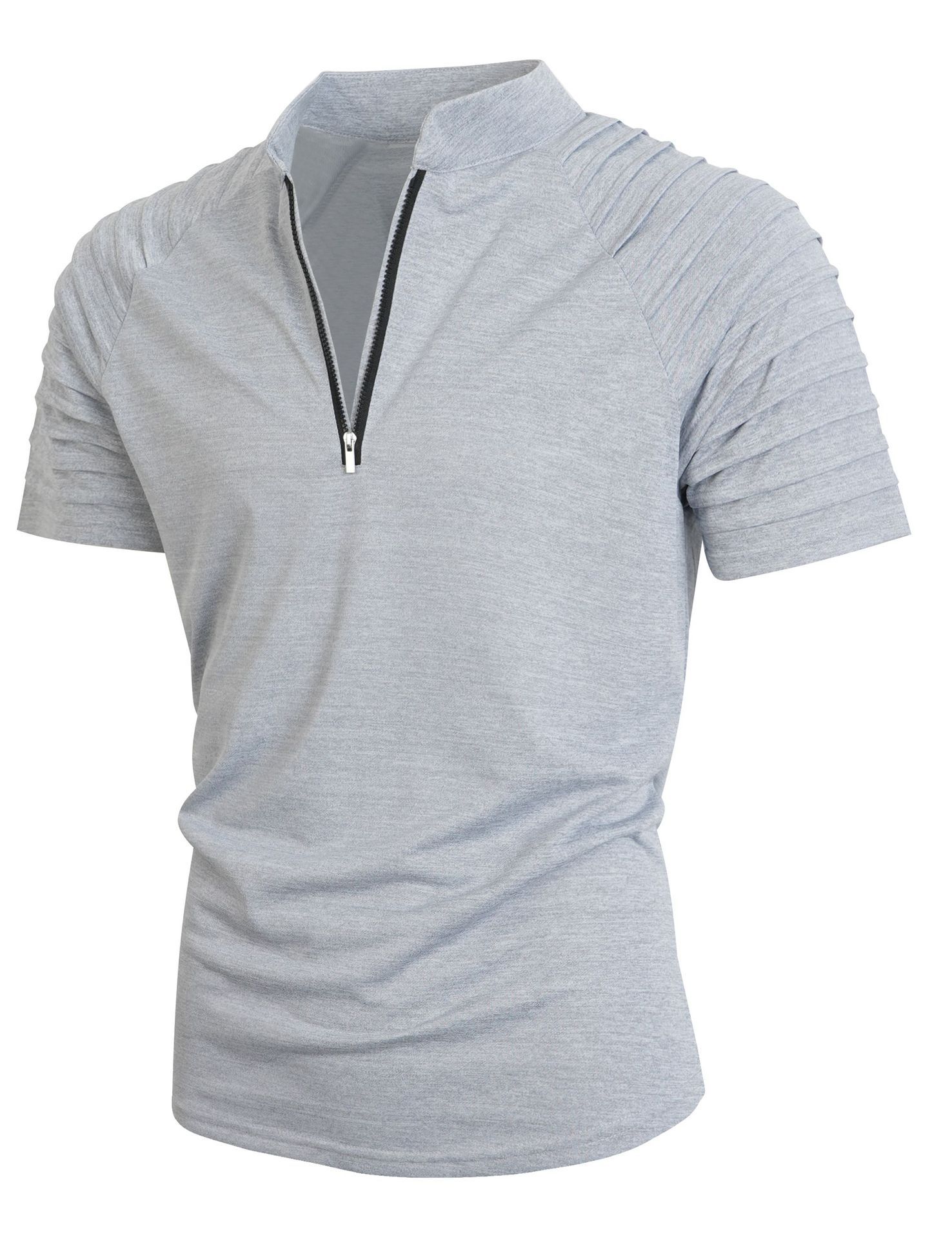 Men's Stand Collar Half Zip Short Sleeve Shirt, Pleated Raglan Shoulder Solid Color Casual Tee-TACTILEFABLE