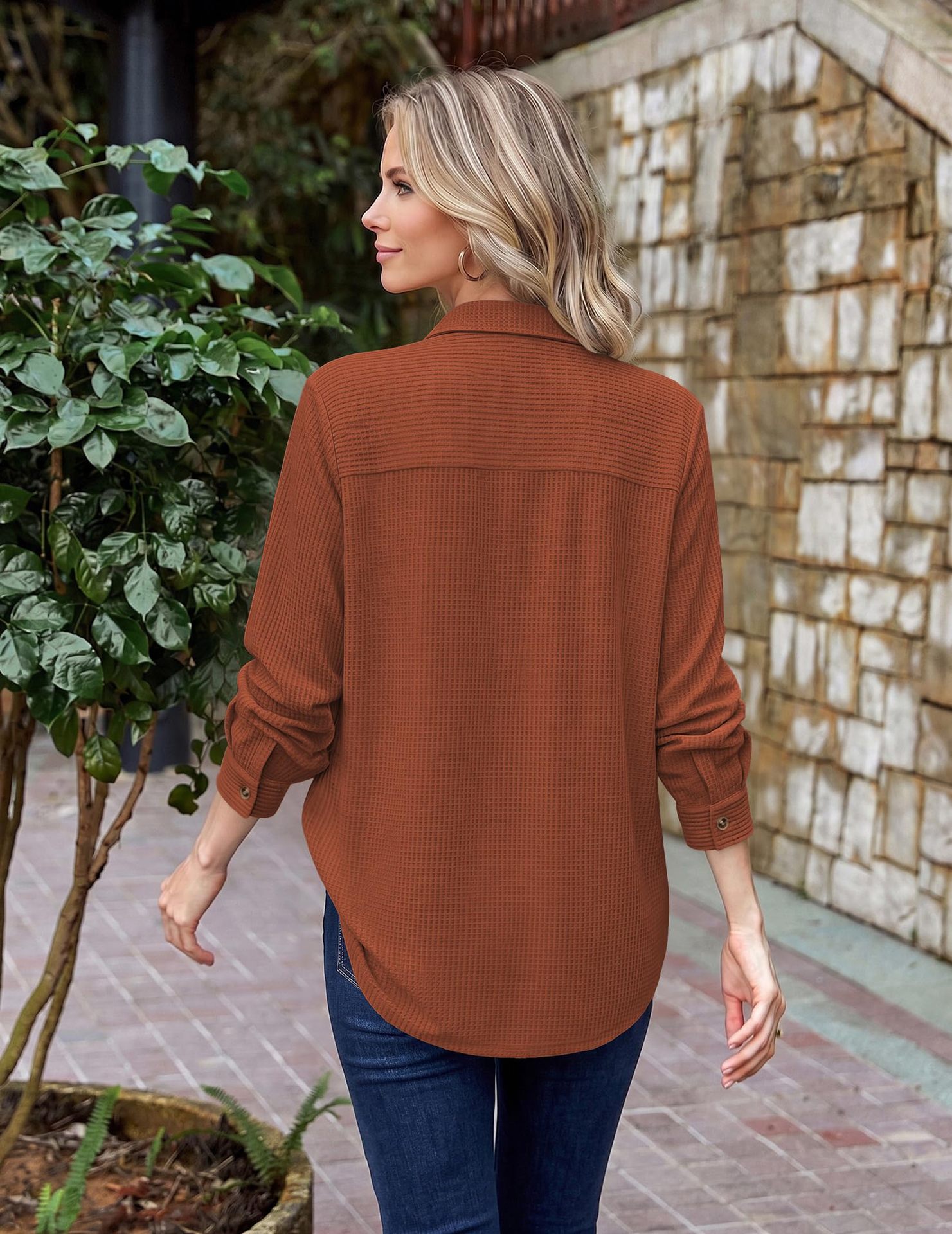 Women's Casual Waffle Knit Top, Button Down Long Sleeve Shacket-Tactilefable
