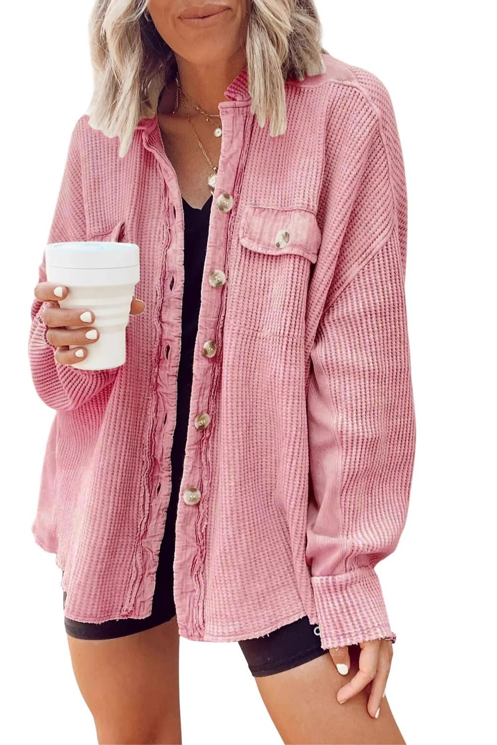 Women's Loose Fit Batwing Sleeve Waffle Knit Button Down Shacket Top-Tactilefable