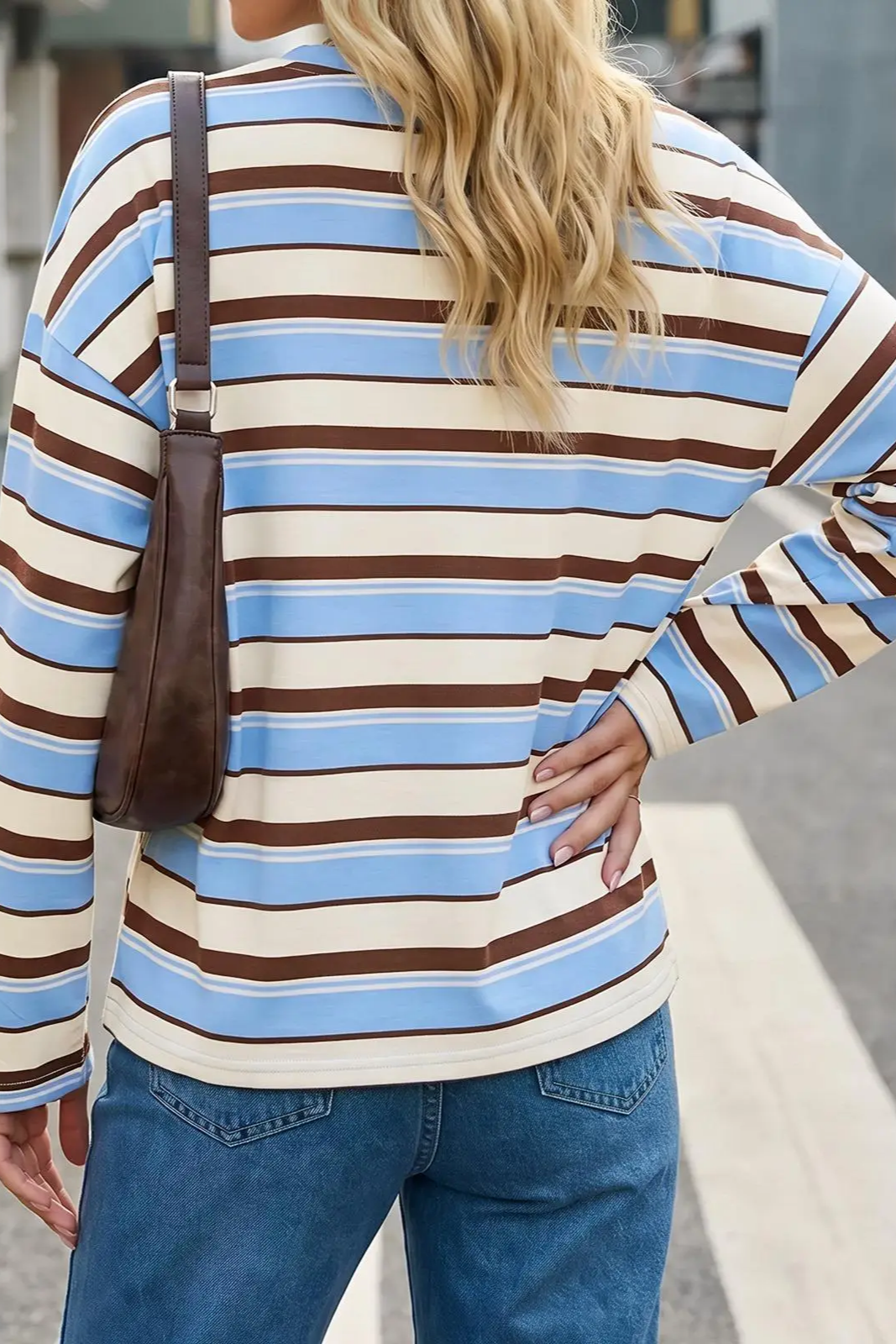 Womens Crew Neck Horizontal Striped Long Sleeve T Shirts, Oversized Loose-Tactilefable
