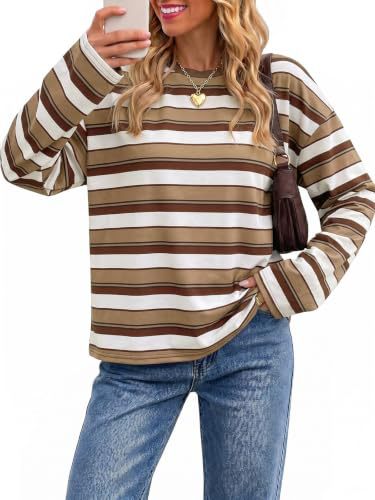 Womens Crew Neck Horizontal Striped Long Sleeve T Shirts, Oversized Loose-Tactilefable