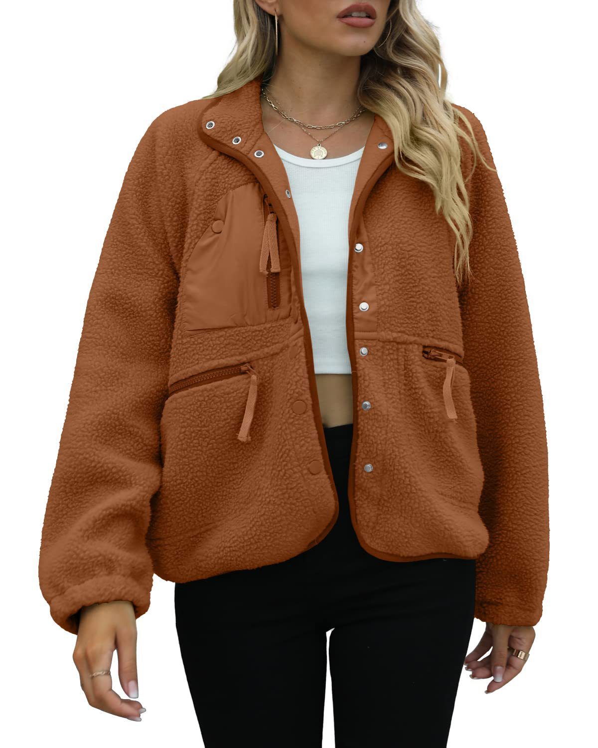 Women's Cropped Sherpa Lined Fleece Jacket Fall Warm Button Down Fuzzy Coats Shacket Outerwear with Pockets-Tactilefable