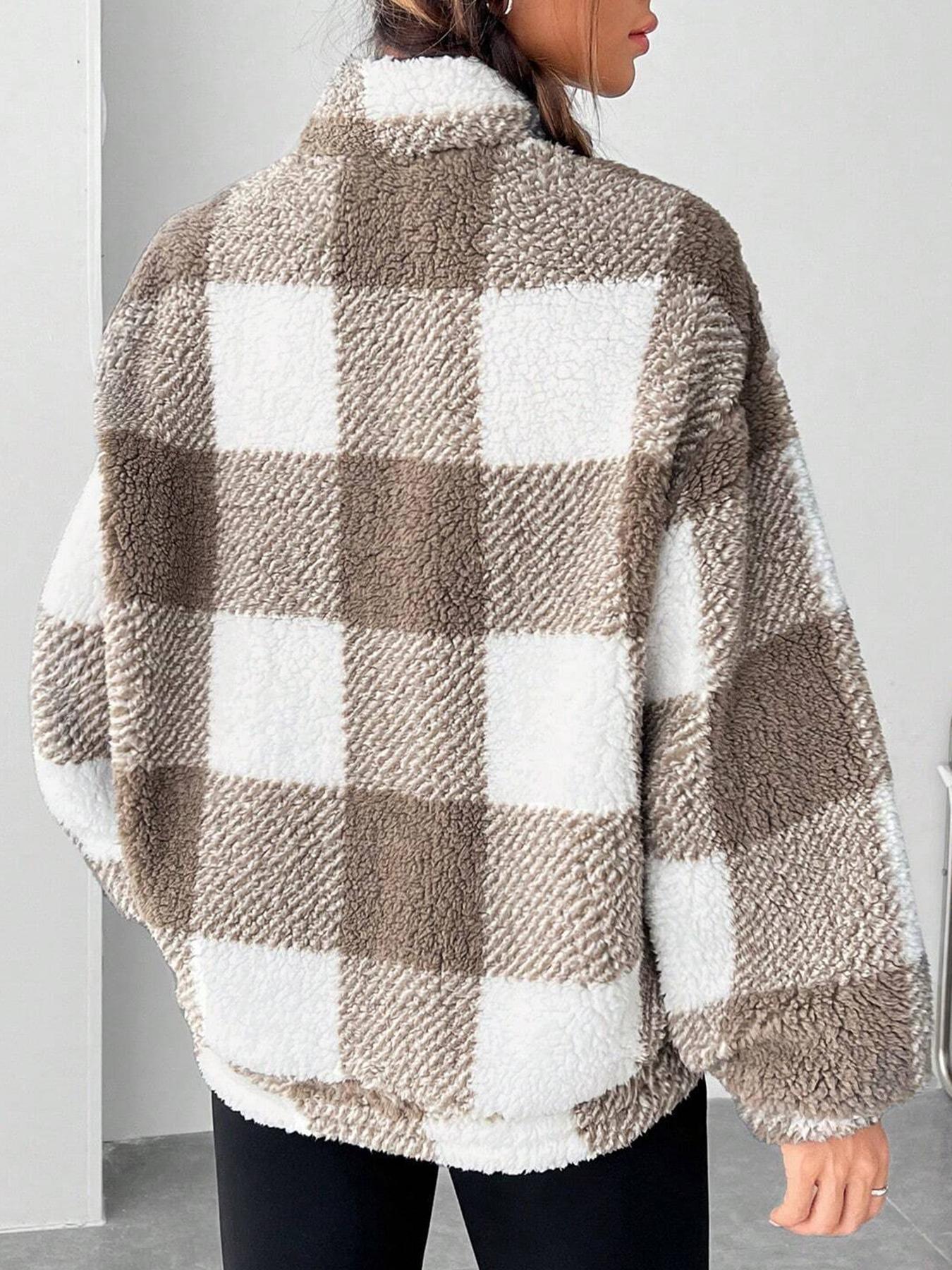Women's Plaid Print Half Zip Drop Shoulder Fleece Sweatshirt, Casual Long Sleeve Stand Collar Pullover for Spring & Fall-TACTILEFABLE
