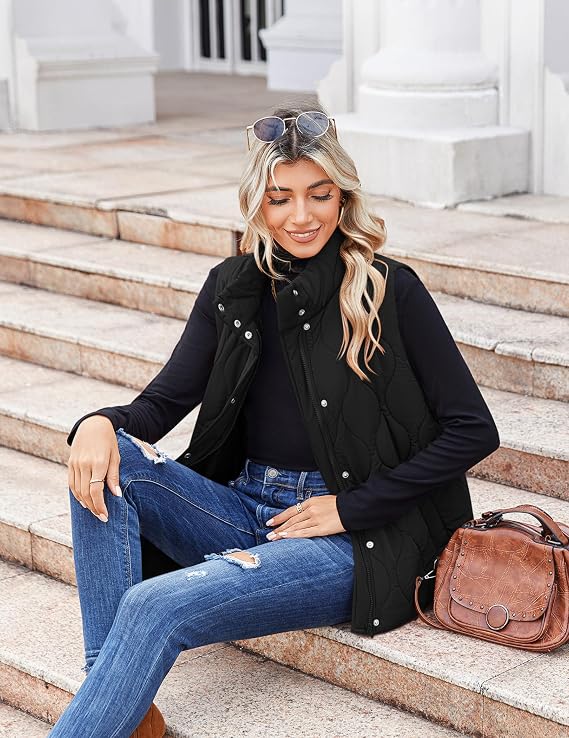 Women Oversized Puffer Vest Stand Collar Zip Up Sleeveless Outerwear-Tactilefable