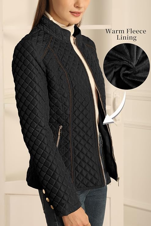 Women's Fall Winter Casual Quilted Lightweight Jacket, Warm Fitted Puffer Coat with Pockets, Plain Style for Commuting-TACTILEFABLE