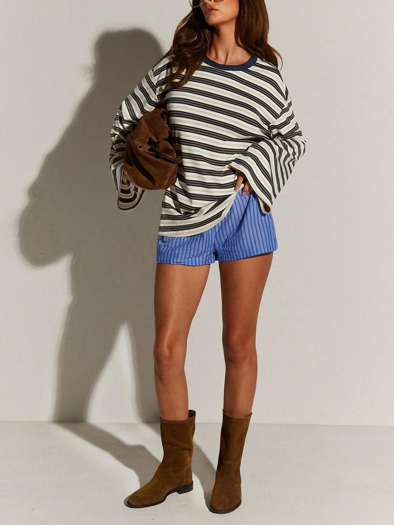 Women's Classic Casual Striped Long Sleeve Spring Fall Round Neck Fitted Top, Versatile Stripes Design, Perfect for Daily Wear-TACTILEFABLE