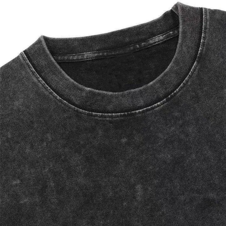 Men's Cotton Graphic Tee - Menswear Short-Sleeve Round Neck, Casual Loose-Fit Dual-Sided Print, Vintage Washed 230gsm Heavyweight Stretch Cotton Knit Black Shirt-TACTILEFABLE