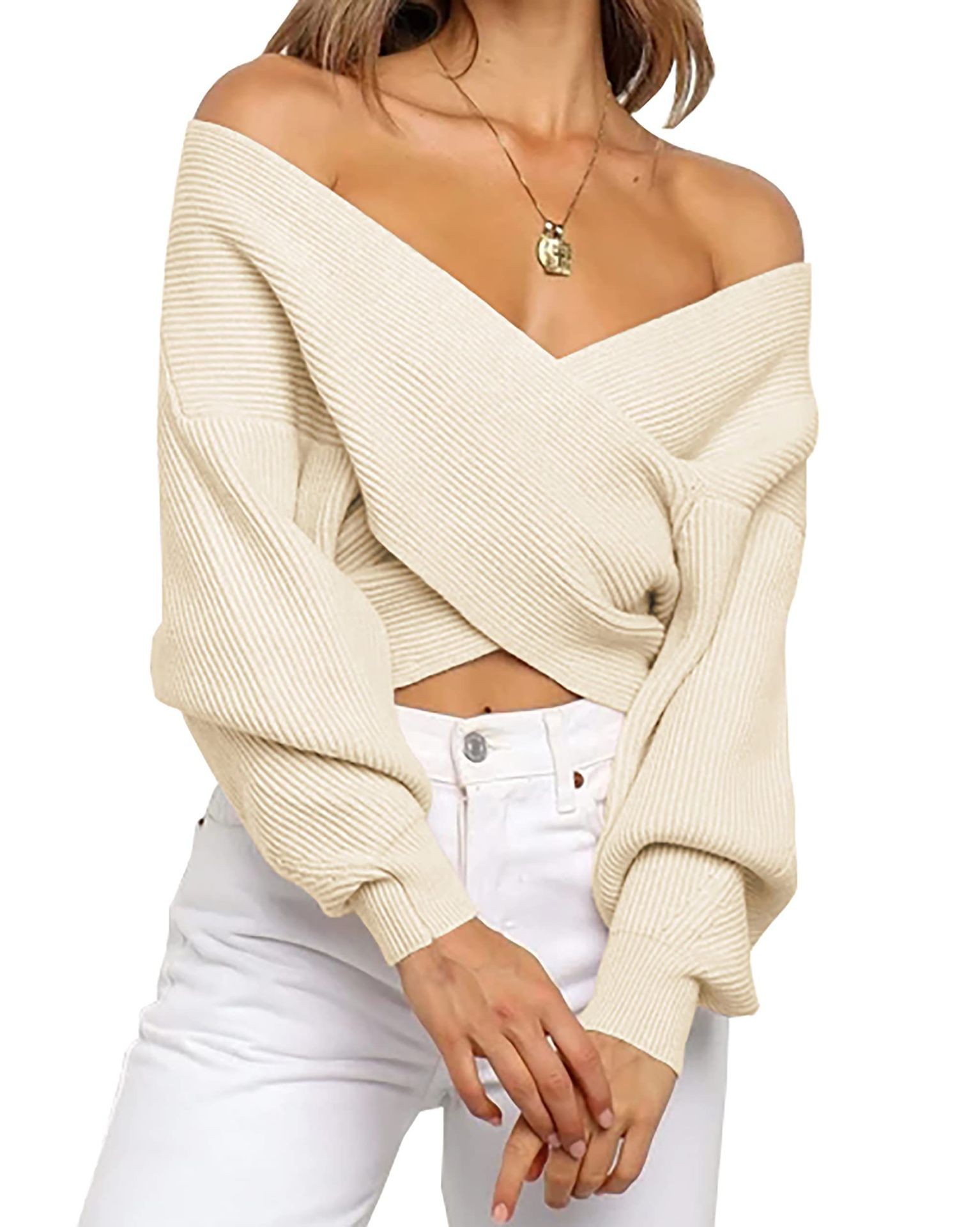 Off The Shoulder Sweater for Women Winter Fall Fashion V Neck Long Sleeve Ribbed Knit Wrap Cropped Sweaters-TACTILEFABLE
