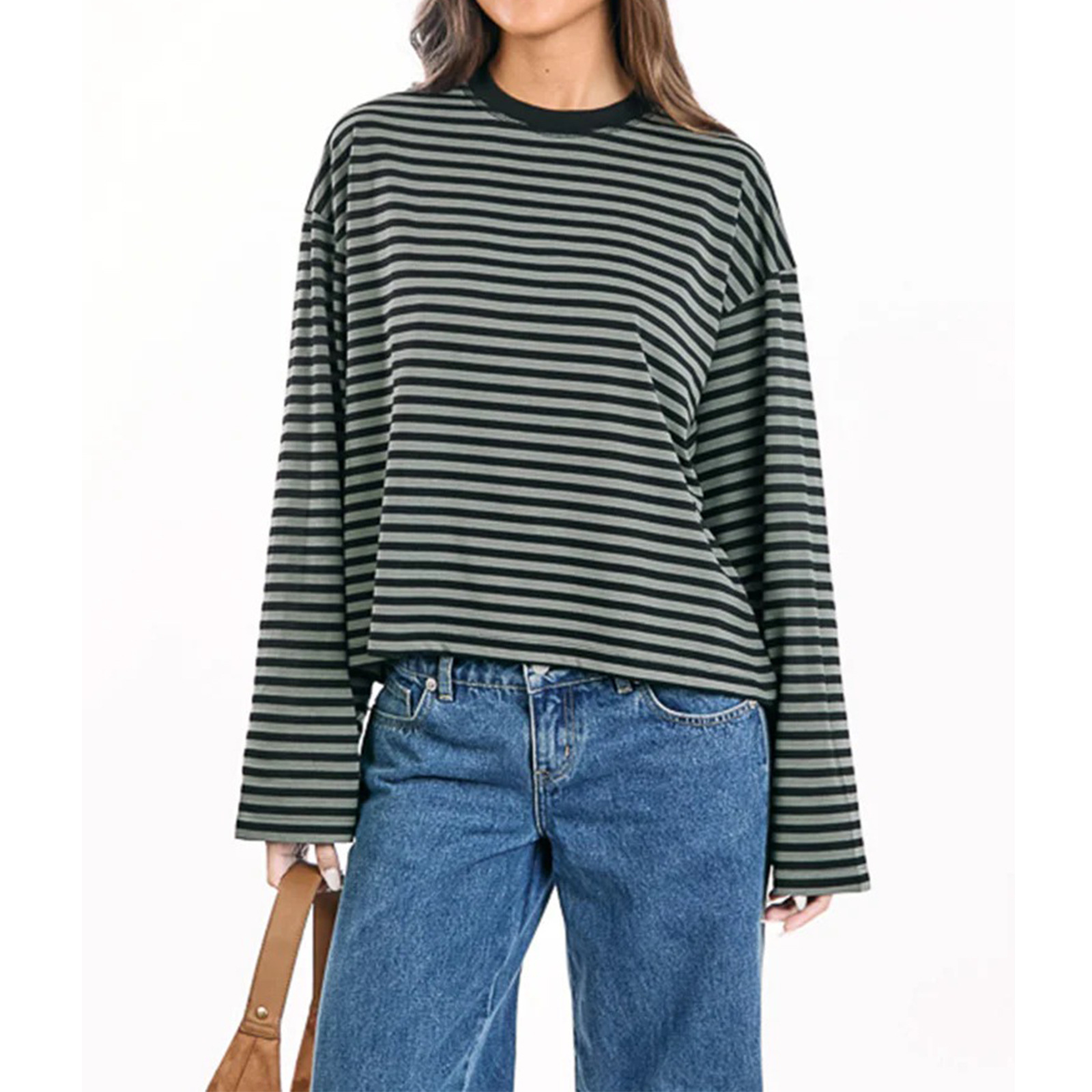 Women's Color Block Striped Long Sleeve Top, Loose Crew Neck Batwing Sleeve Casual Tee, All Seasons Wear, Moderate Thickness-TACTILEFABLE