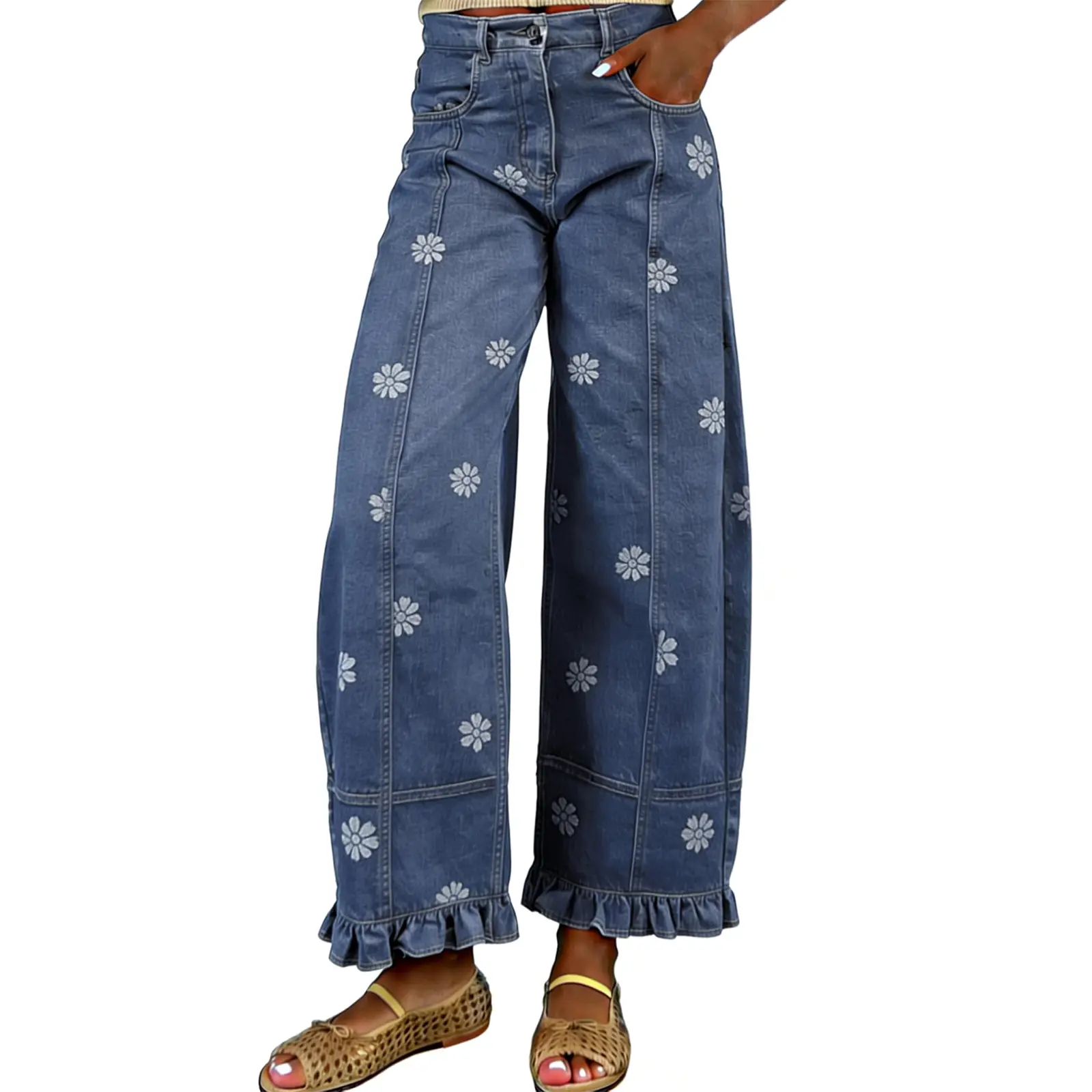 Women's High Waist Floral Print Wide Leg Pants, Ruffle Hem Casual Trousers-Tactilefable