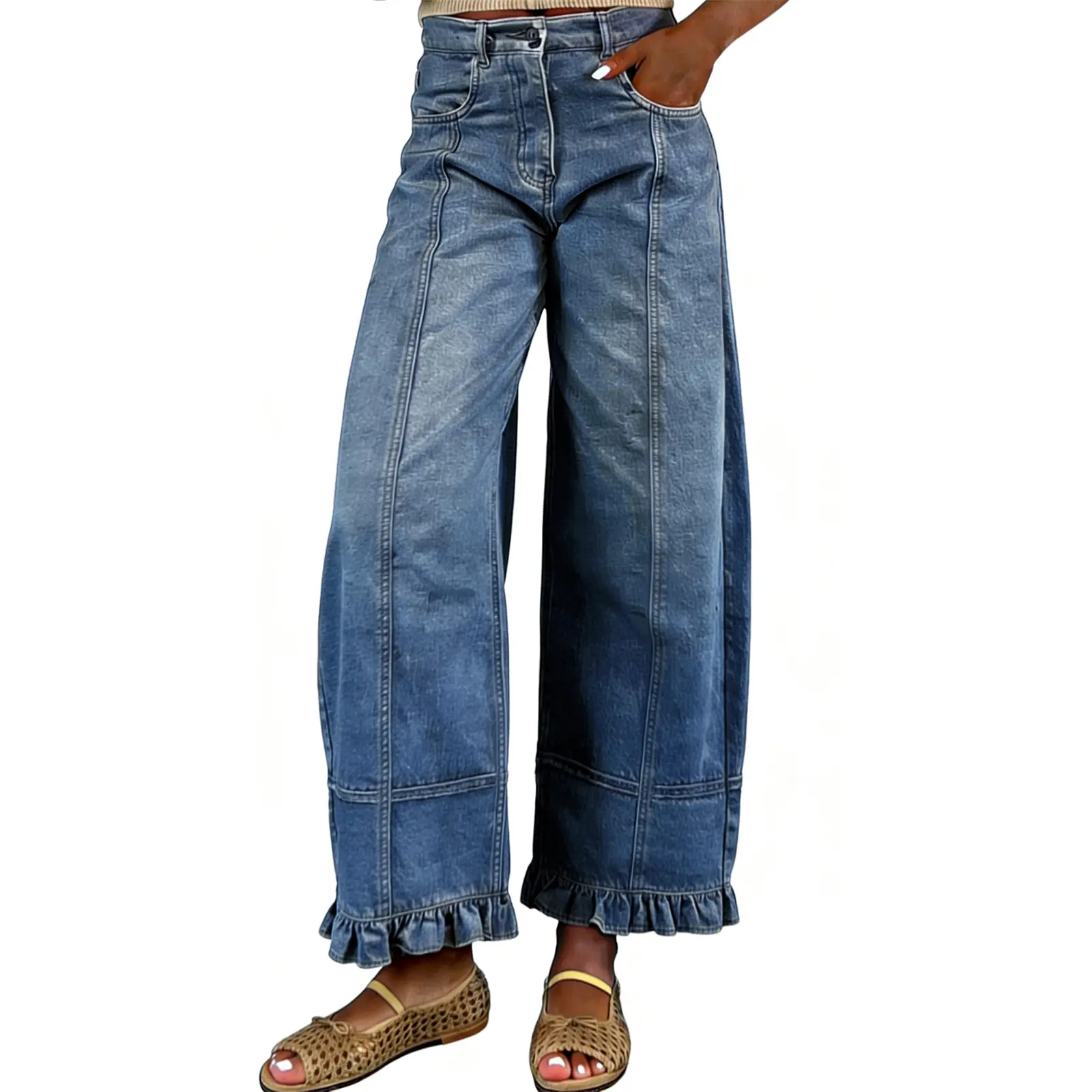 Women's Mid Rise Wide Leg Denim Pants, Ruffle Hem Seamed Washed Jeans-Tactilefable