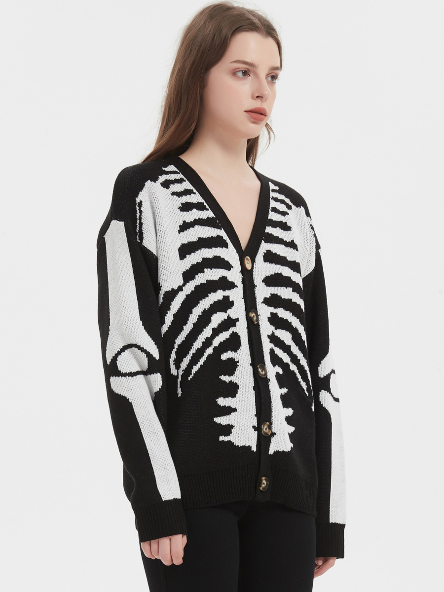 Women's Skeleton Print Knit Cardigan, V Neck Long Sleeve Single Breasted Halloween Streetwear Sweater-TACTILEFABLE
