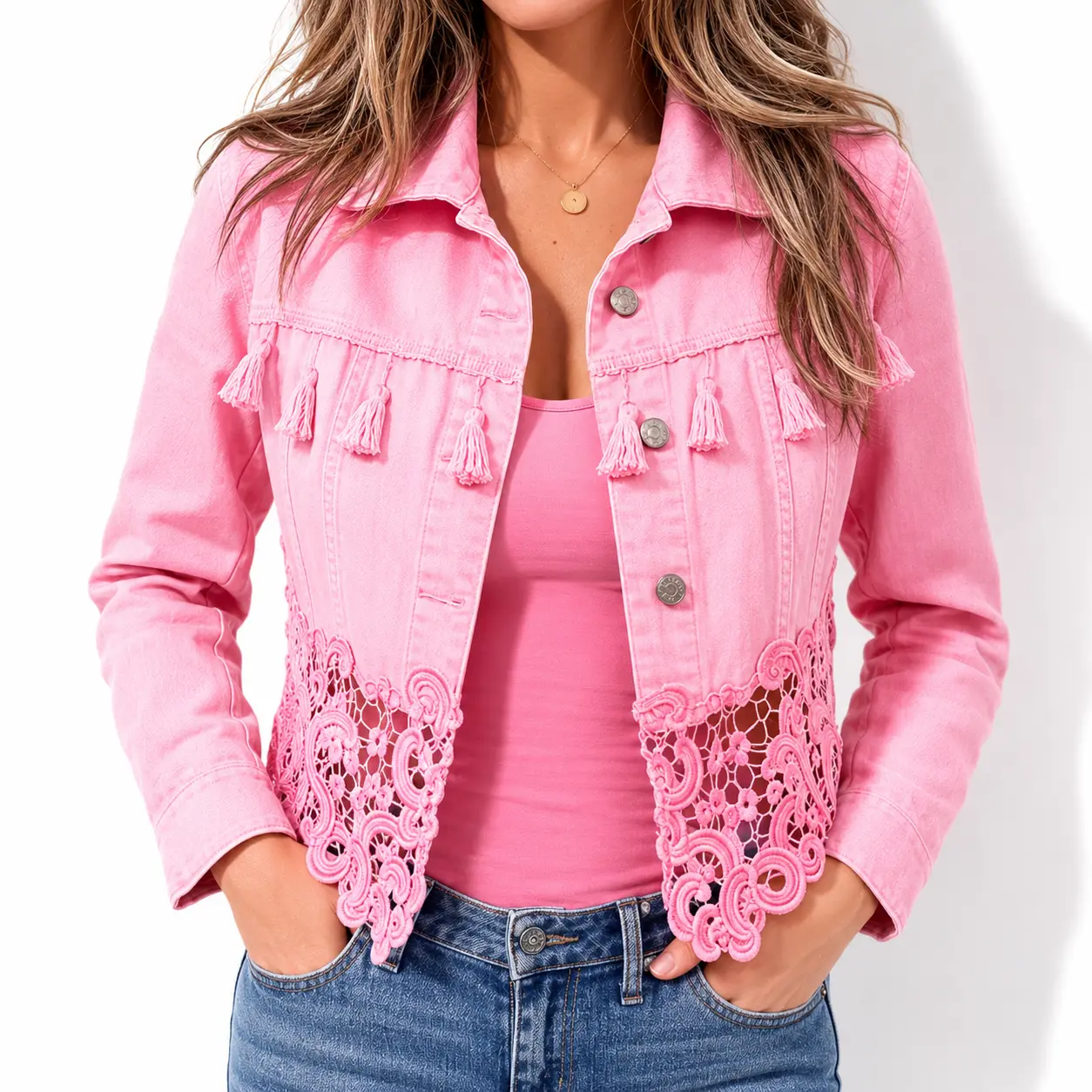 Women’s Chic Splice Lace Denim Jacket - Tassel Trim, Button-Up Long Sleeve.-Tactilefable