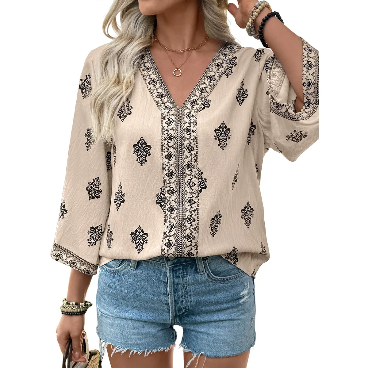Bohemian Geometric Print V Neck Blouse for Women-Tactilefable