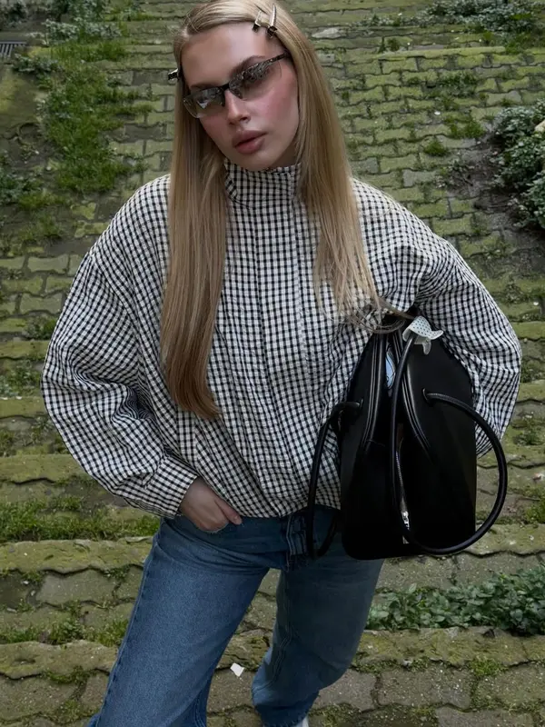 Jacket Female Spring Summer Black & White Gingham Check Cropped Bomber Jacket Stand Collar Zip Elasticated Waist & Cuffs Oversized Fit Lightweight Crinkled Fabric Side Pockets Daily Wear, Street Style, Office Casual-Tactilefable