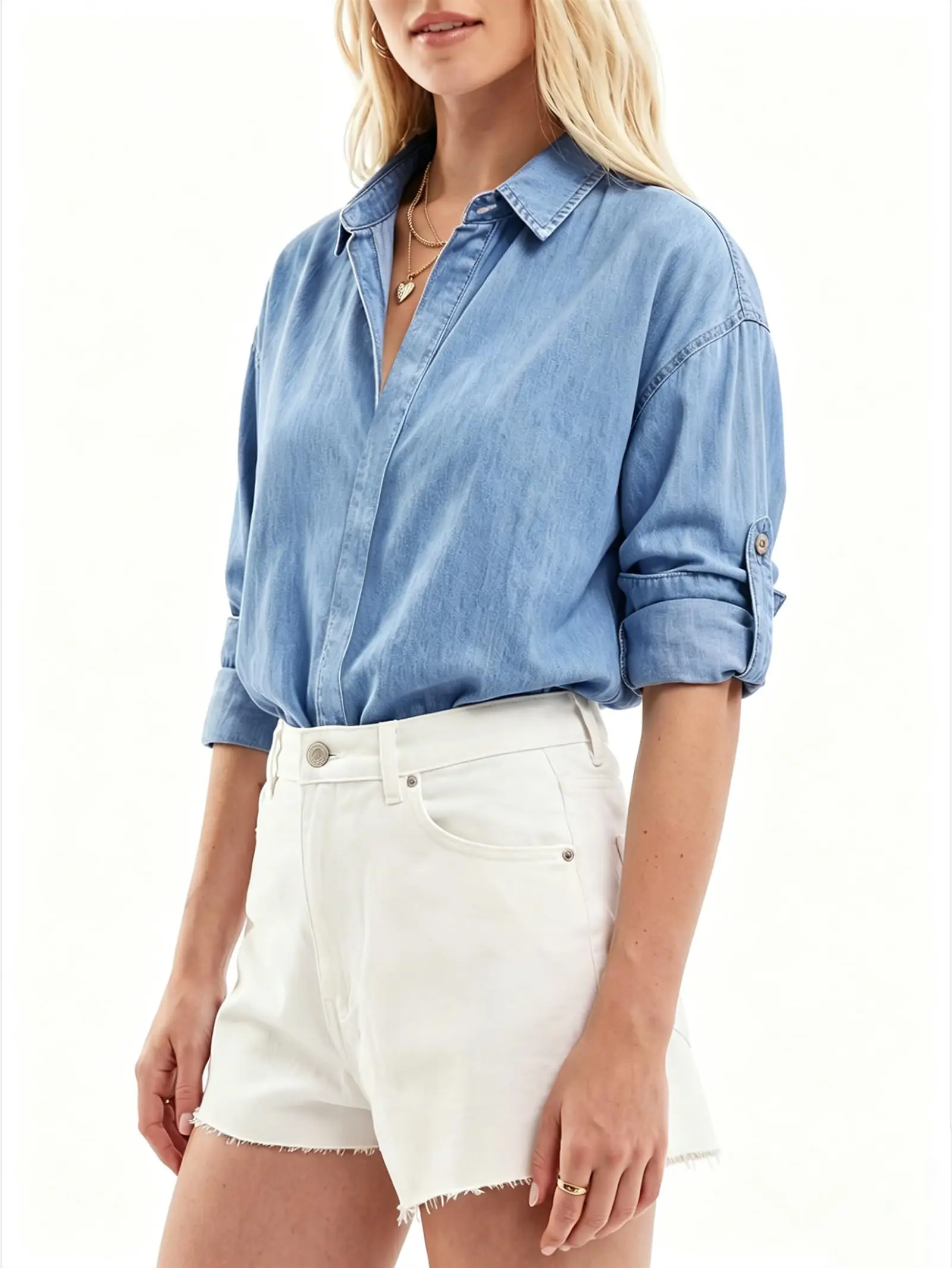 Women Oversized Long Denim Shirt, Roll Tab Sleeve Button Down Casual Tunic Top-Tactilefable