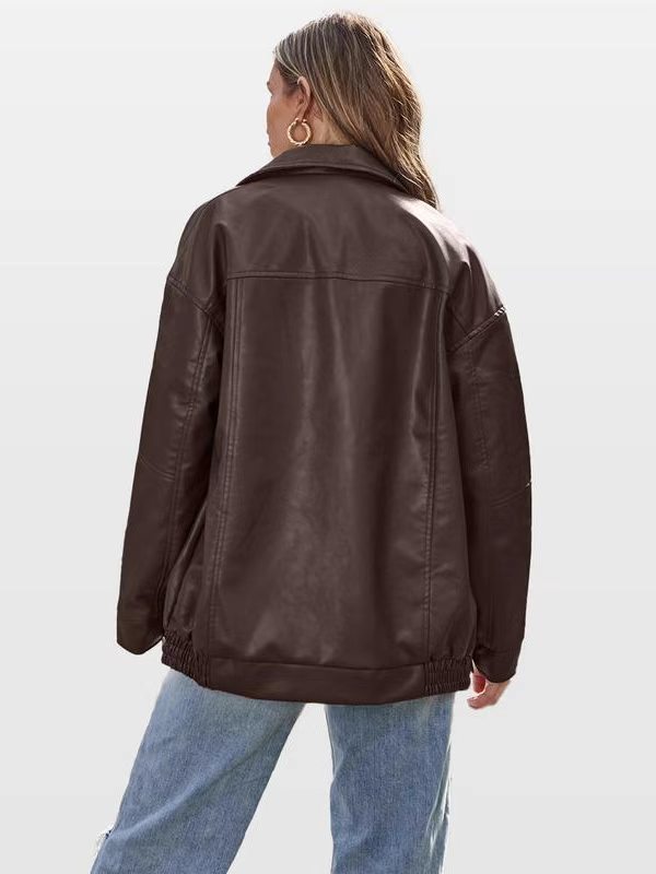 Women's Oversized Faux Leather Jacket for Fall and Winter-Tactilefable