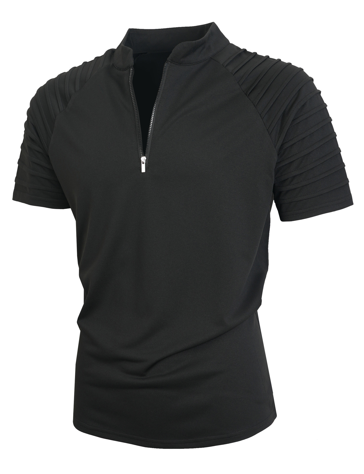 Men's Stand Collar Half Zip Short Sleeve Shirt, Pleated Raglan Shoulder Solid Color Casual Tee-TACTILEFABLE