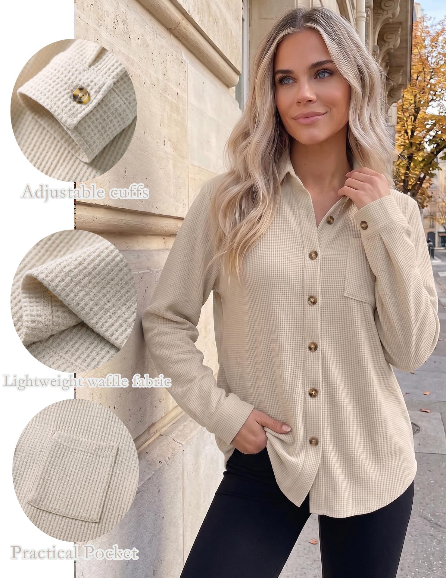 Women's Casual Waffle Knit Top, Button Down Long Sleeve Shacket-Tactilefable