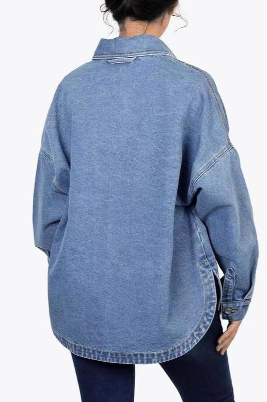 Long Sleeve Denim Jacket for Women,Drop Shoulder Curved Hem Denim, Classic Button Down Denim Jacket with Chest Pockets.-TACTILEFABLE