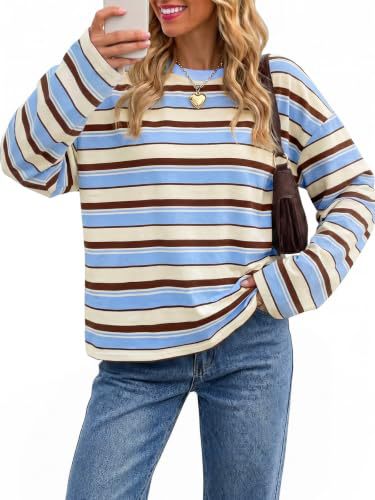 Womens Crew Neck Horizontal Striped Long Sleeve T Shirts, Oversized Loose-Tactilefable