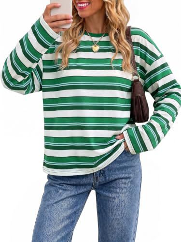 Womens Crew Neck Horizontal Striped Long Sleeve T Shirts, Oversized Loose-Tactilefable