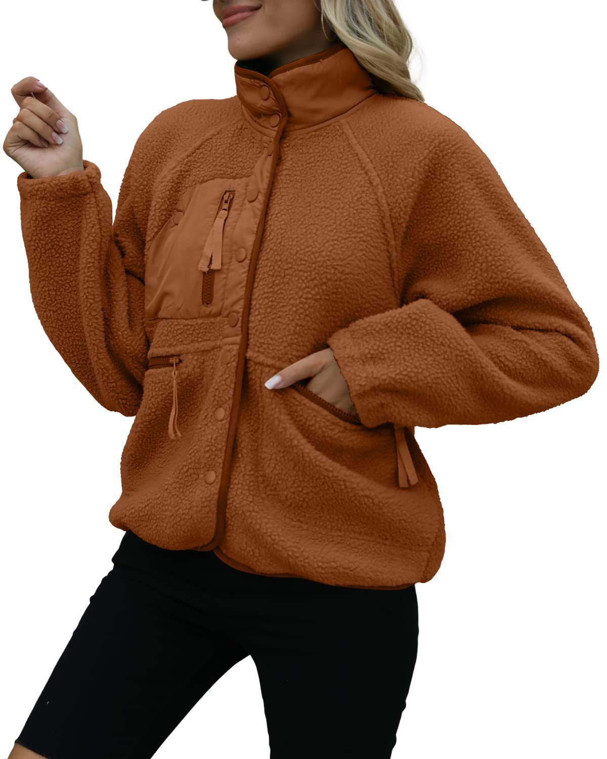 Women's Cropped Sherpa Lined Fleece Jacket Fall Warm Button Down Fuzzy Coats Shacket Outerwear with Pockets-Tactilefable