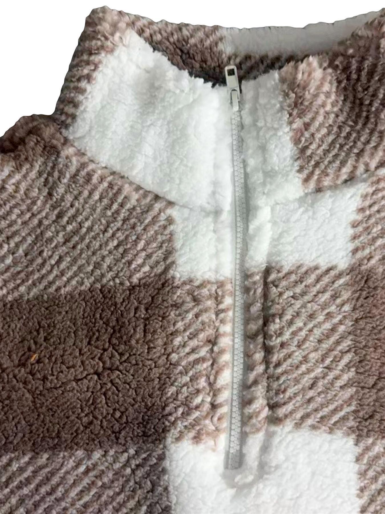 Women's Plaid Print Half Zip Drop Shoulder Fleece Sweatshirt, Casual Long Sleeve Stand Collar Pullover for Spring & Fall-TACTILEFABLE
