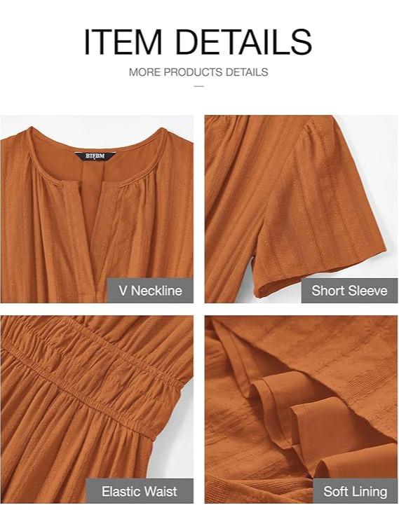 Women's Summer Casual Maxi Dress Lightweight Short Sleeve V Neck Boho Dress with Pockets-TACTILEFABLE
