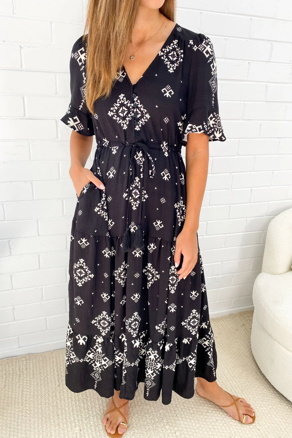 Bohemian Printed Maxi Dress, Loose Fit Round Neck Half Sleeve Flowy Long Dress with Pockets-TACTILEFABLE