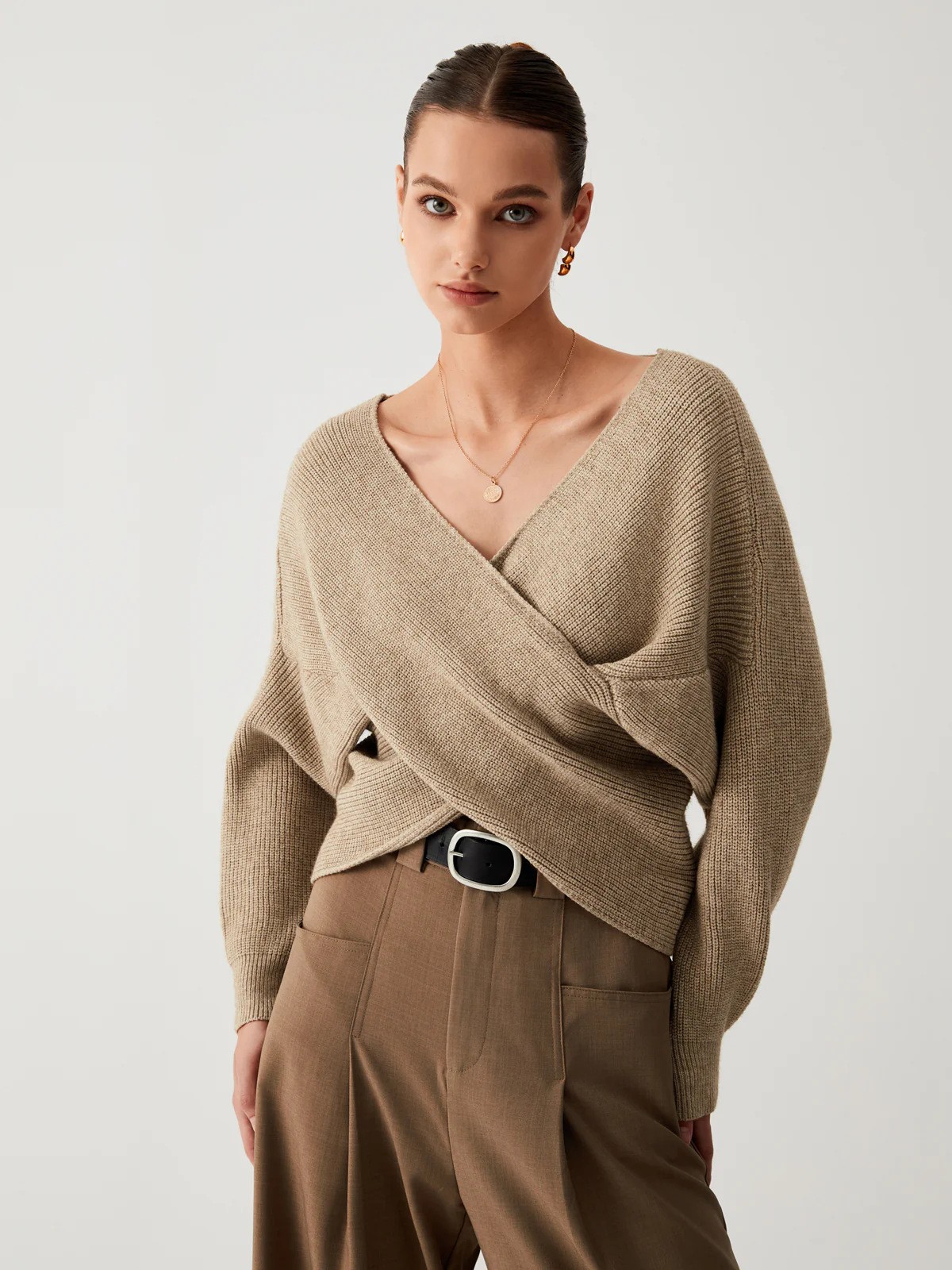 Off The Shoulder Sweater for Women Winter Fall Fashion V Neck Long Sleeve Ribbed Knit Wrap Cropped Sweaters-TACTILEFABLE