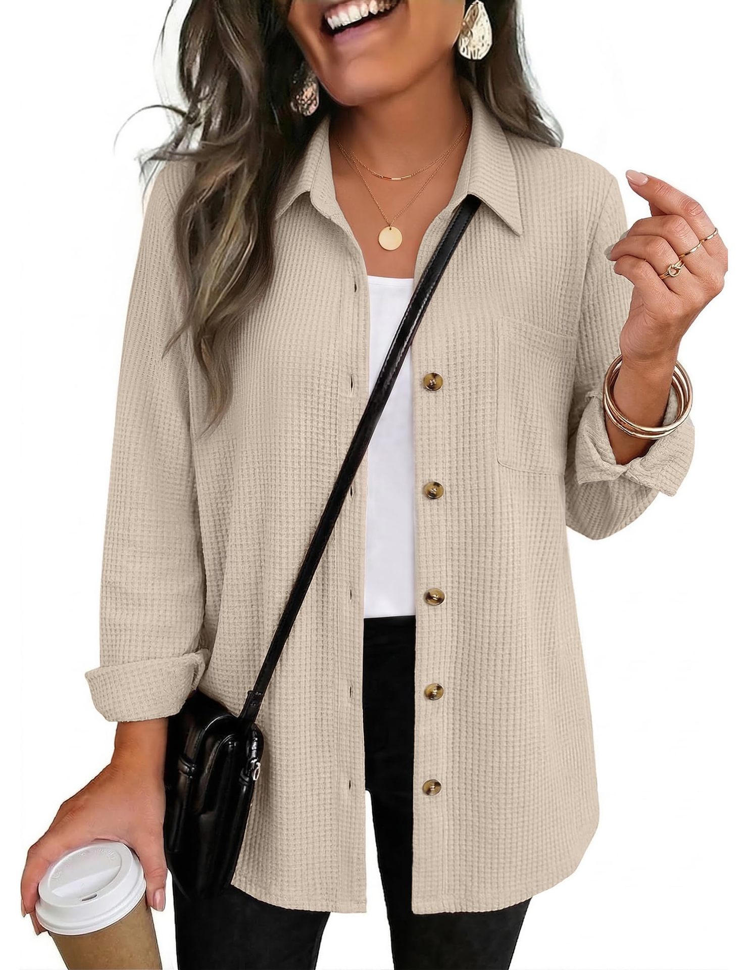 Women's Casual Waffle Knit Top, Button Down Long Sleeve Shacket-Tactilefable