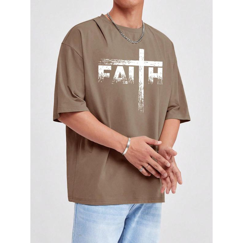 Men's Letter Print Round Neck Tee, Regular Fit Casua-Tactilefable