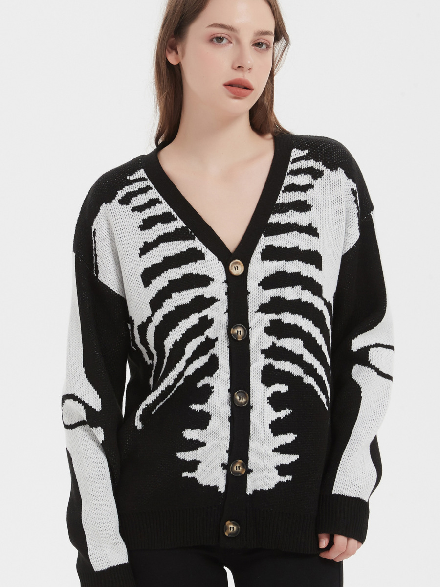 Women's Skeleton Print Knit Cardigan, V Neck Long Sleeve Single Breasted Halloween Streetwear Sweater-TACTILEFABLE