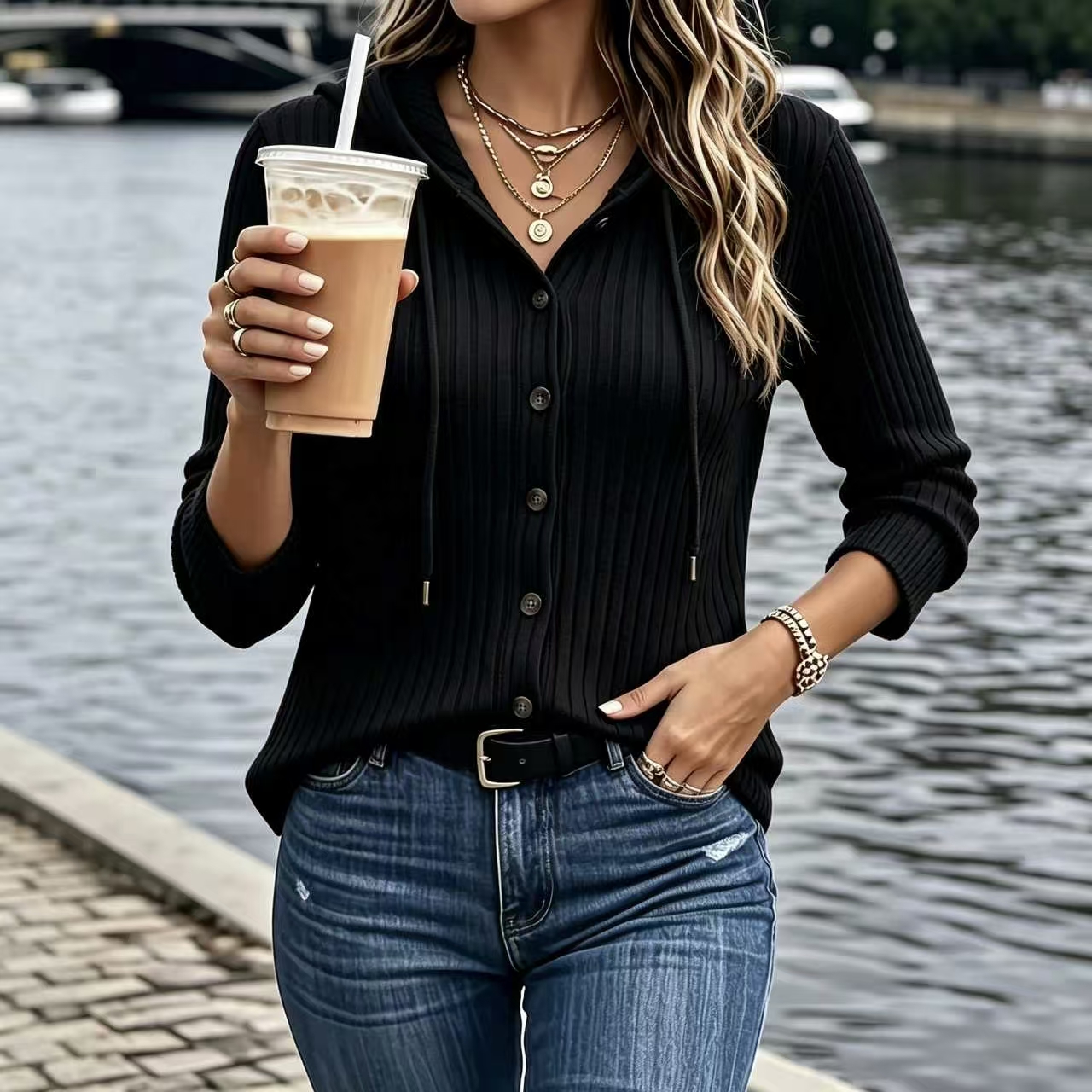 Women's Ribbed Hooded Button Down Cardigan, Long Sleeve Slimming Fit Casual Hoodie Top for Fall-TACTILEFABLE