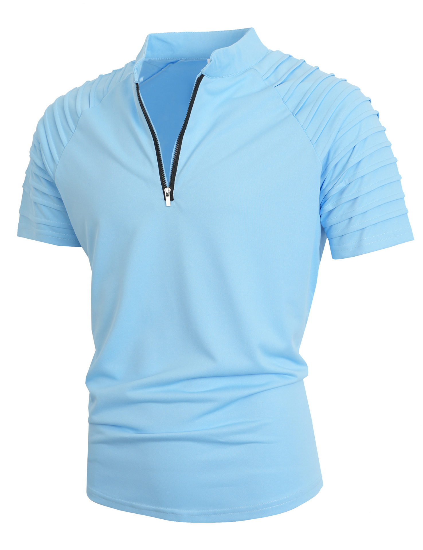 Men's Stand Collar Half Zip Short Sleeve Shirt, Pleated Raglan Shoulder Solid Color Casual Tee-TACTILEFABLE