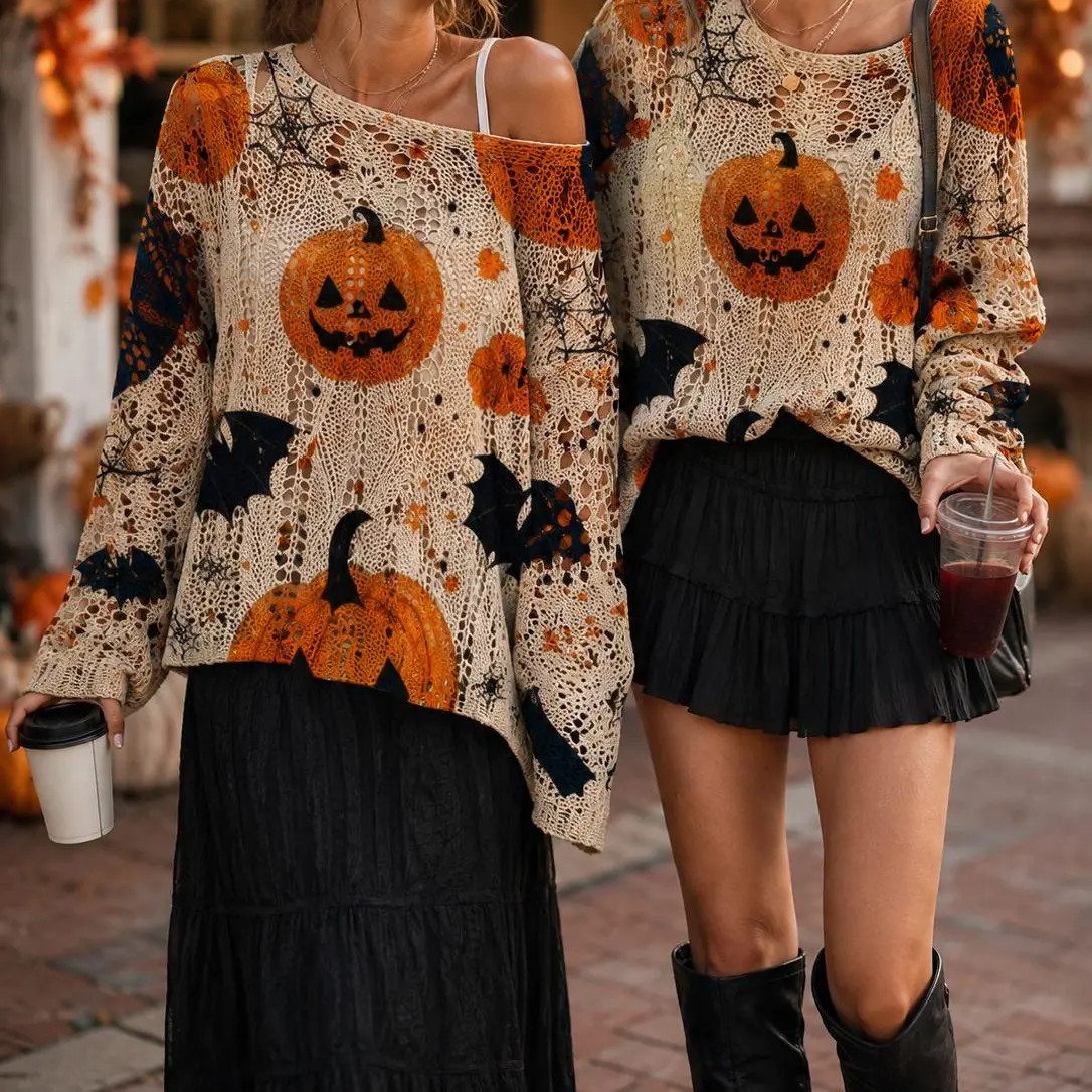 Women's Long-Sleeve Style Knitwear Piece, Halloween Pumpkin-Bat Print Casual Fall Pullover.