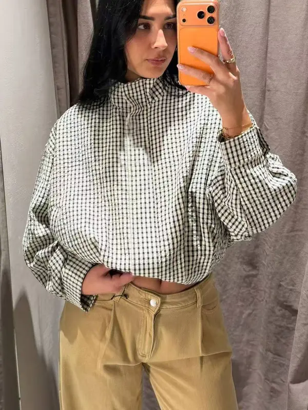 Jacket Female Spring Summer Black & White Gingham Check Cropped Bomber Jacket Stand Collar Zip Elasticated Waist & Cuffs Oversized Fit Lightweight Crinkled Fabric Side Pockets Daily Wear, Street Style, Office Casual-TACTILEFABLE