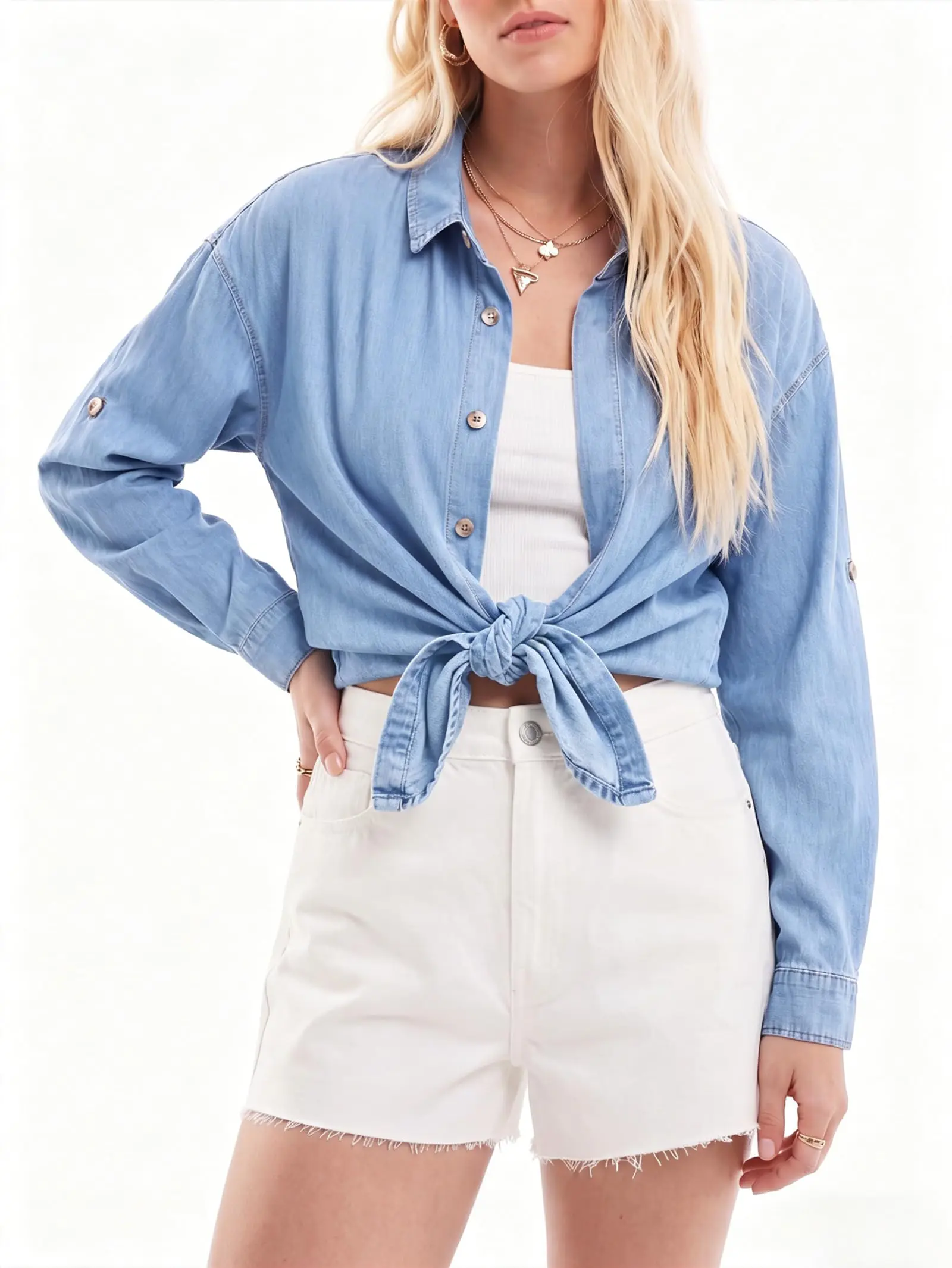 Women Oversized Long Denim Shirt, Roll Tab Sleeve Button Down Casual Tunic Top-Tactilefable