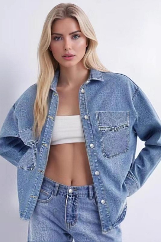 Long Sleeve Denim Jacket for Women,Drop Shoulder Curved Hem Denim, Classic Button Down Denim Jacket with Chest Pockets.-TACTILEFABLE