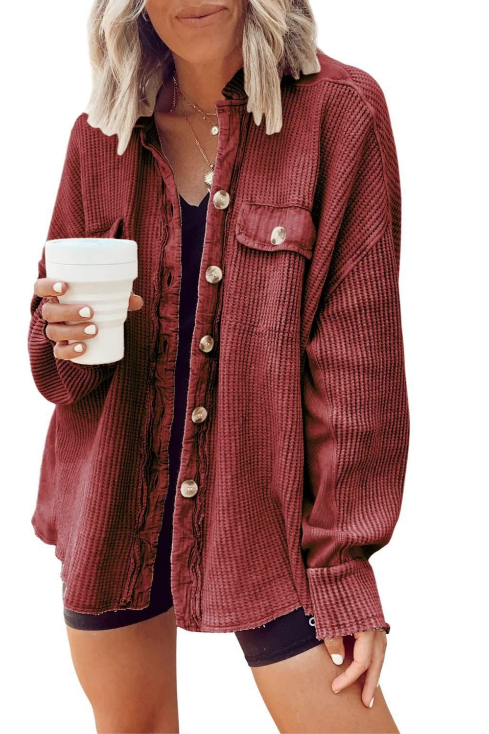 Women's Loose Fit Batwing Sleeve Waffle Knit Button Down Shacket Top-Tactilefable