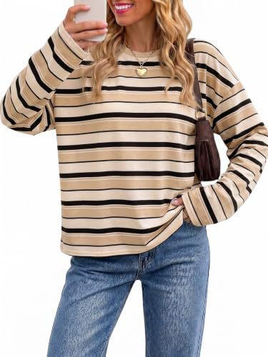 Womens Crew Neck Horizontal Striped Long Sleeve T Shirts, Oversized Loose-Tactilefable