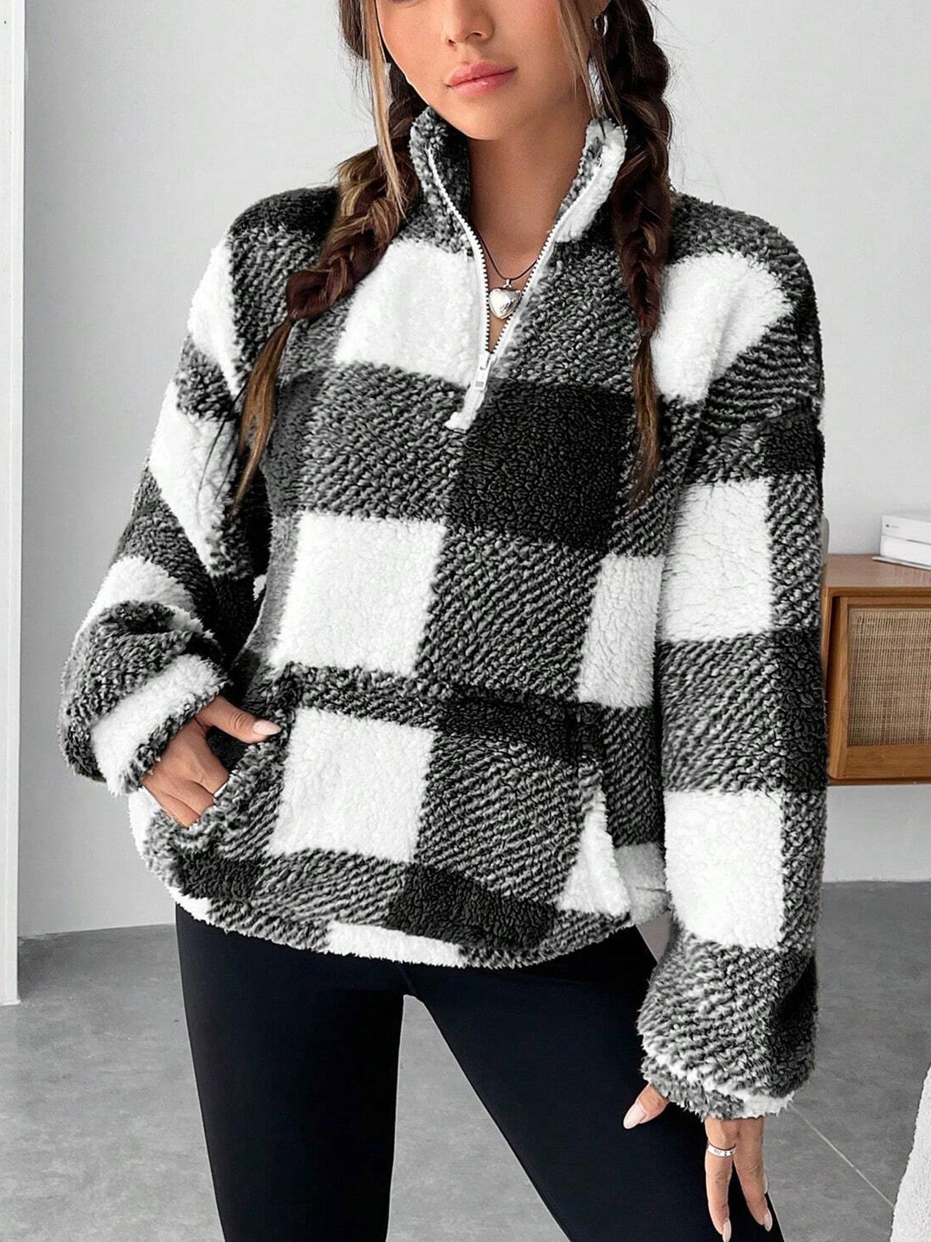 Women's Plaid Print Half Zip Drop Shoulder Fleece Sweatshirt, Casual Long Sleeve Stand Collar Pullover for Spring & Fall-TACTILEFABLE