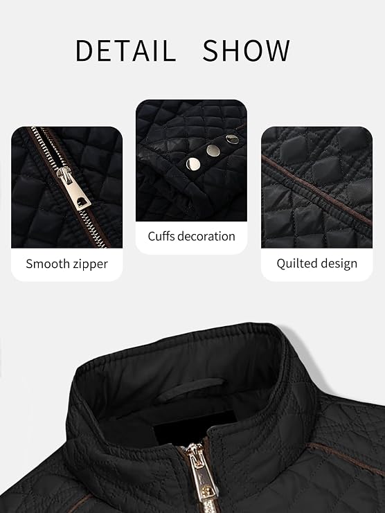 Women's Fall Winter Casual Quilted Lightweight Jacket, Warm Fitted Puffer Coat with Pockets, Plain Style for Commuting-TACTILEFABLE