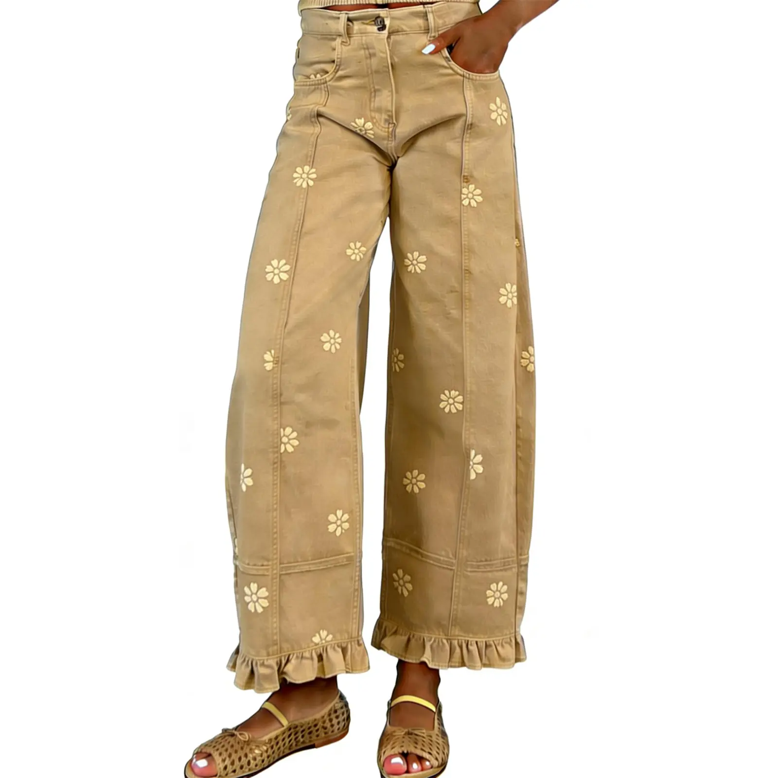 Women's High Waist Floral Print Wide Leg Pants, Ruffle Hem Casual Trousers-Tactilefable