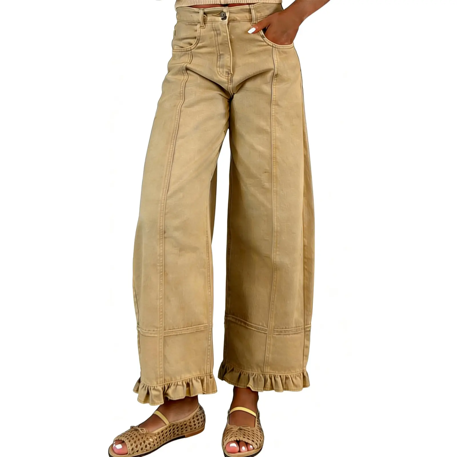 Women's Mid Rise Wide Leg Denim Pants, Ruffle Hem Seamed Washed Jeans-Tactilefable