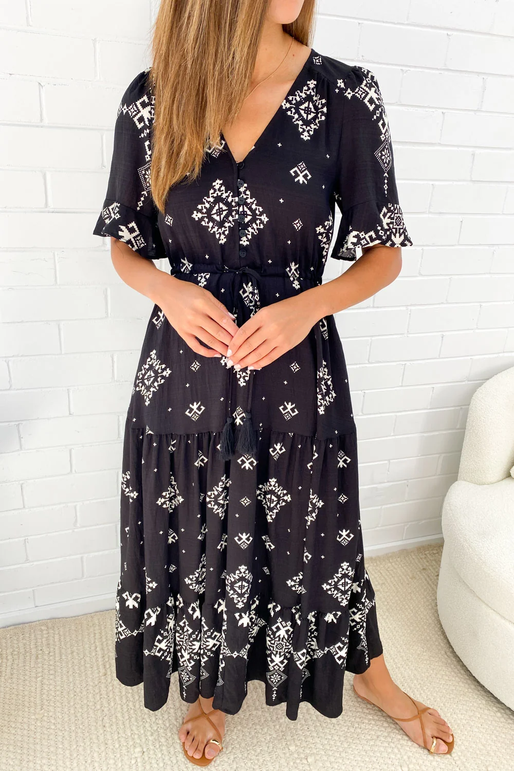 Bohemian Printed Maxi Dress, Loose Fit Round Neck Half Sleeve Flowy Long Dress with Pockets-TACTILEFABLE