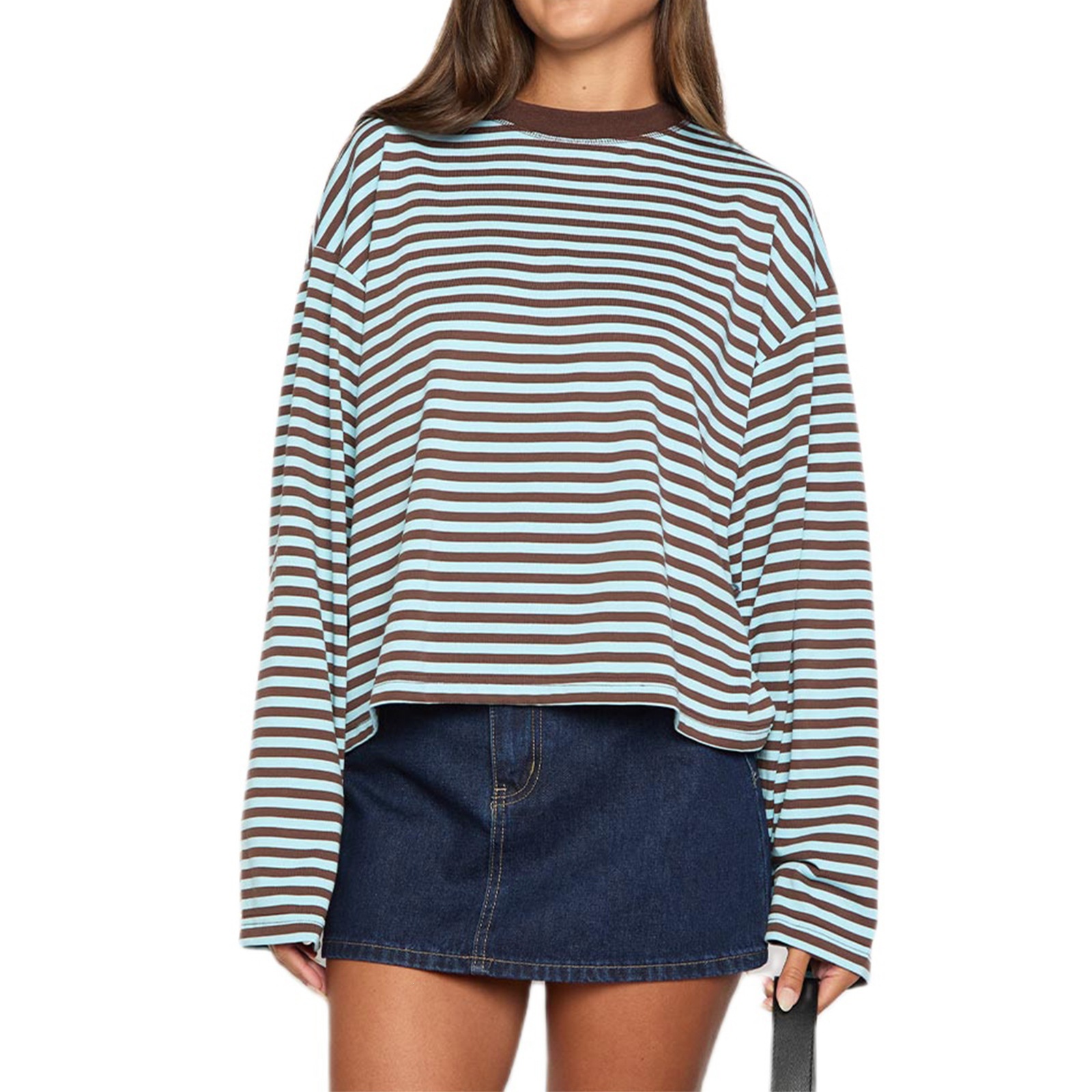 Women's Color Block Striped Long Sleeve Top, Loose Crew Neck Batwing Sleeve Casual Tee, All Seasons Wear, Moderate Thickness-TACTILEFABLE